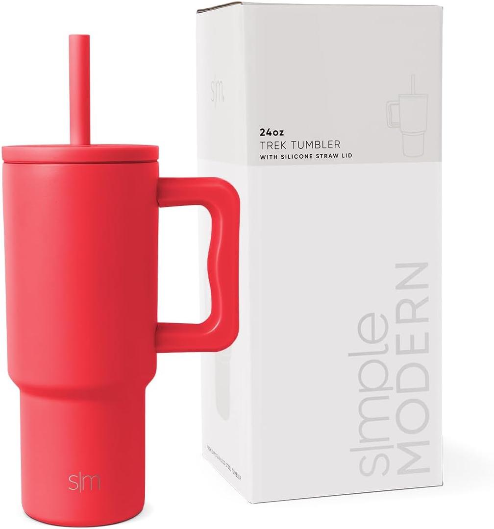 Simple Modern Kids 24 oz Tumbler with Handle and Silicone Straw Lid | Spill Proof and Leak Resistant | Reusable Stainless Steel Bottle | Gift for Kids Boys Girls | Trek Collection | Radiate Red