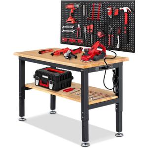 Adjustable Height Work Bench 48 x 20 Workbench for Garage Work Table with Under Table Shelf for Shop Woodworking, Heavy Duty Rubber Wood Top for Office, Home, Commercial