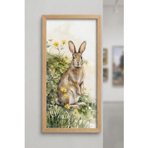 Framed Watercolor Rabbit Wall Art – Standing Bunny in Meadow Print with Light Wood Frame