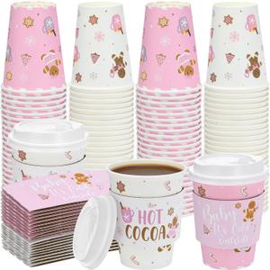 80 Packs Hot Chocolate Cups Bulk Hot Cocoa Bar Supplies Christmas Disposable Coffee Cups with Lids Sleeves 14 oz Christmas Chocolate Cup Beverage Brewed Cup for Party(Pink,Cute Style)