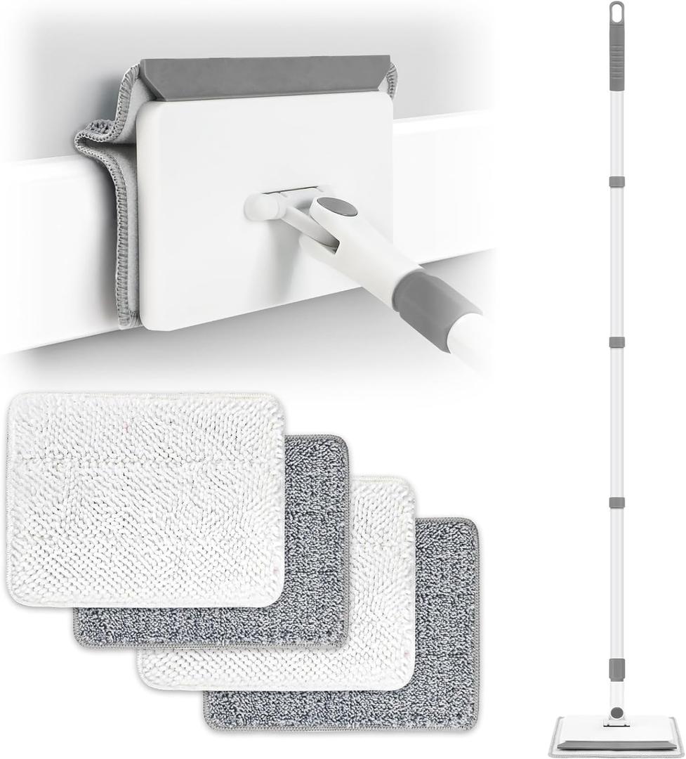 Baseboard Cleaner Tool with Handle, DELUX Baseboard Cleaner with Extendable Long Handle, 4 Reusable Cleaning Pads Wall Cleaner for Baseboards Cleaning, Ceiling, Wall, Floor, Shower Bathroom Kitchen (Gray)