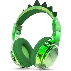 QearFun Kids Dinosaur Bluetooth Headphones, 60H Playtime, 74/85/94dB Safe Volume Limit, Metallic Gradient Wireless Headset with Mic, Fast Charging, Foldable, Wired Mode for Girls School/Tablet/Travel (Green)