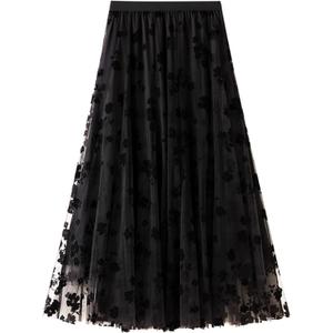 Dirholl Women's A-Line Fairy Patterned Elastic Waist Ruffle Tulle Layered Midi Skirt