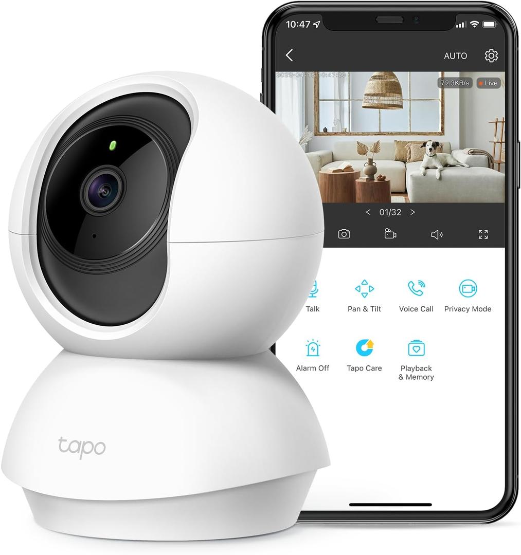 Tapo 2K Indoor Pan/Tilt Wired Security Camera - Works as a Baby Monitor & Pet Camera, Motion Detection, 2-Way Audio, Siren, Night Vision, Subscription-Free Local Storage or Optional Cloud, C210 (White)