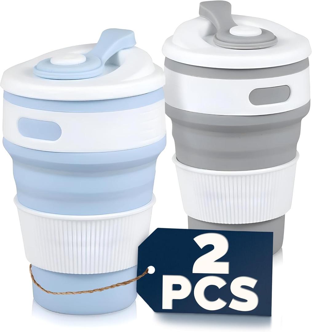 2-Pack ollapsible Cups for Traveling Reusable  12oz Leakproof Coffee Travel Mug, Silicone, Foldable & Portable for Hiking, Camping, Office | Lightweight Collapsible Coffee Cups for Outdoor Use (Grey + Blue)