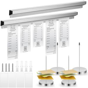 Henoyso 6 Pcs 24 Inch Ticket Holder for Restaurant Set Including 2 Aluminum Slide Check Rack and 4 Receipt Holder Silver Display Rail Spike Bill Orders Check Spindle for Kitchen Office Cafes Bar