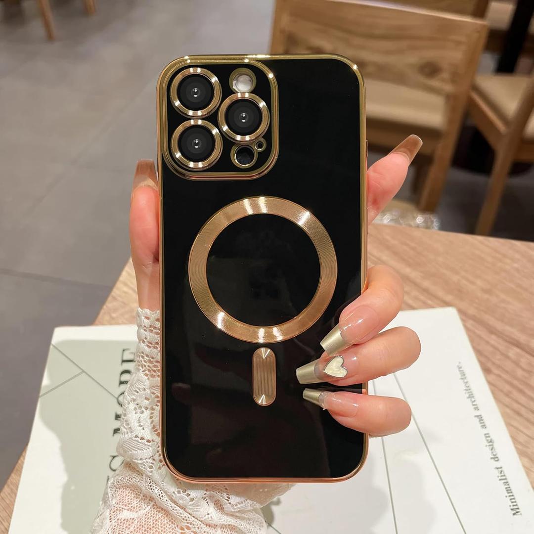 OOK Magnatic Case for iPhone 16 Pro Max Case [Compatible with MagSafe] Full Camera Lens Protector Gold Electroplate Edge Soft TPU Shockproof Protective Phone Case for Women Men 6.9 Inch - Black