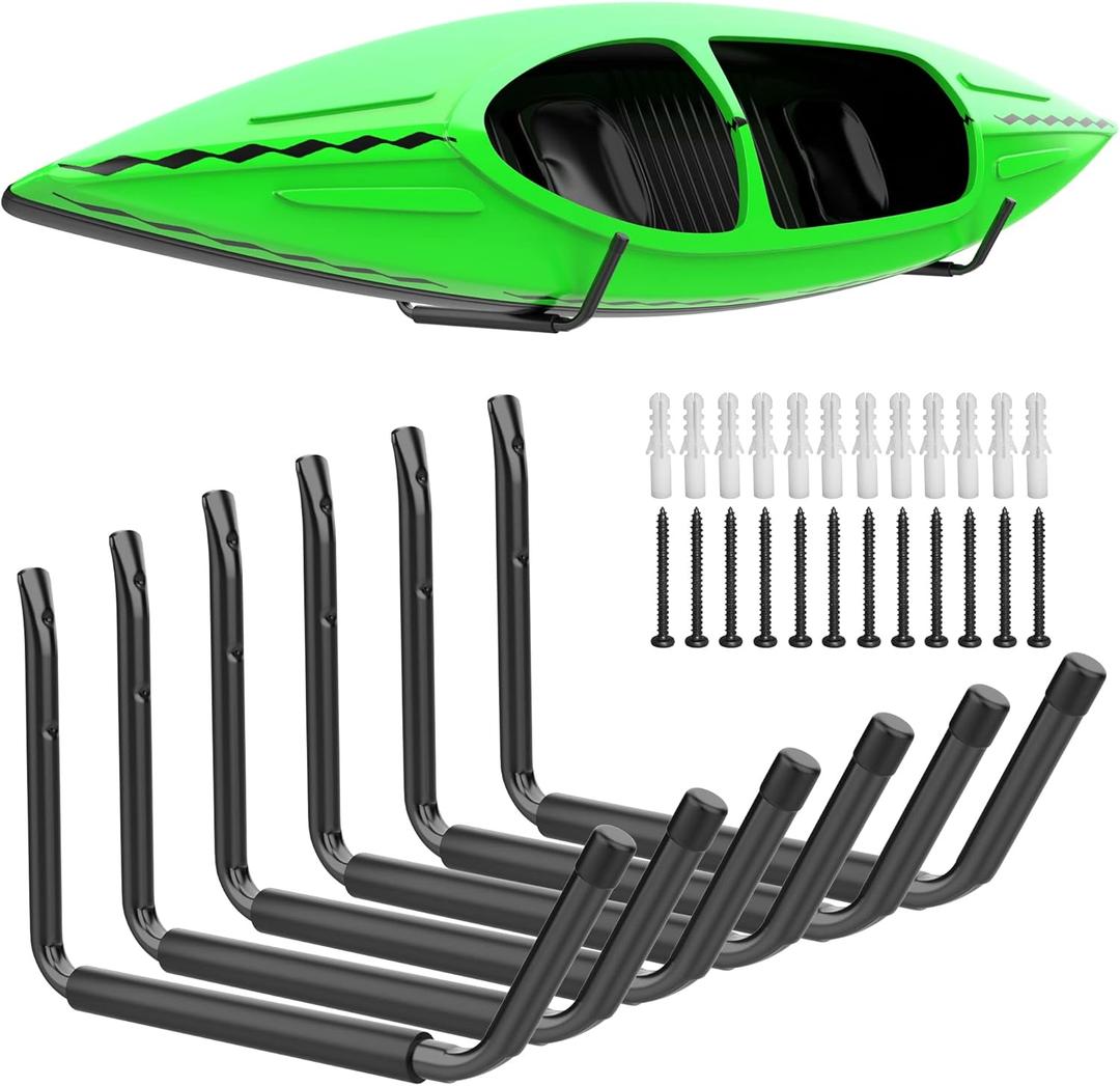 WALMANN Kayak Storage Rack, Wall Mount Kayak Hooks for Garage Utility Storage Hangers for Canoe, Surfboard, Skiis, Snowboard, Paddle Board, Ladders (Large, Black-Pack of 6)