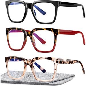 EASY READ 3 Pairs Reading Glasses for Women, Squre Computer Blue Light Blocking Anti UV Readers with Spring Hinge