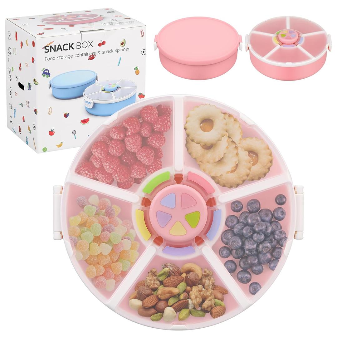 Pawtong Snack Rotator Container Reusable Snack Box with 5 Compartment Dispenser and Lid, Color Matching Opening Lid, BPA and PVC Free, for Home, School, Travel (2 Pack- Pink)