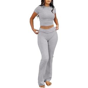 ANRABESS Lounge Sets for Women 2 Piece Foldover Yoga Flare Leggings Pants Crop Tops Casual Y2K Outfits Matching Tracksuit Set (Grey, X-Small)