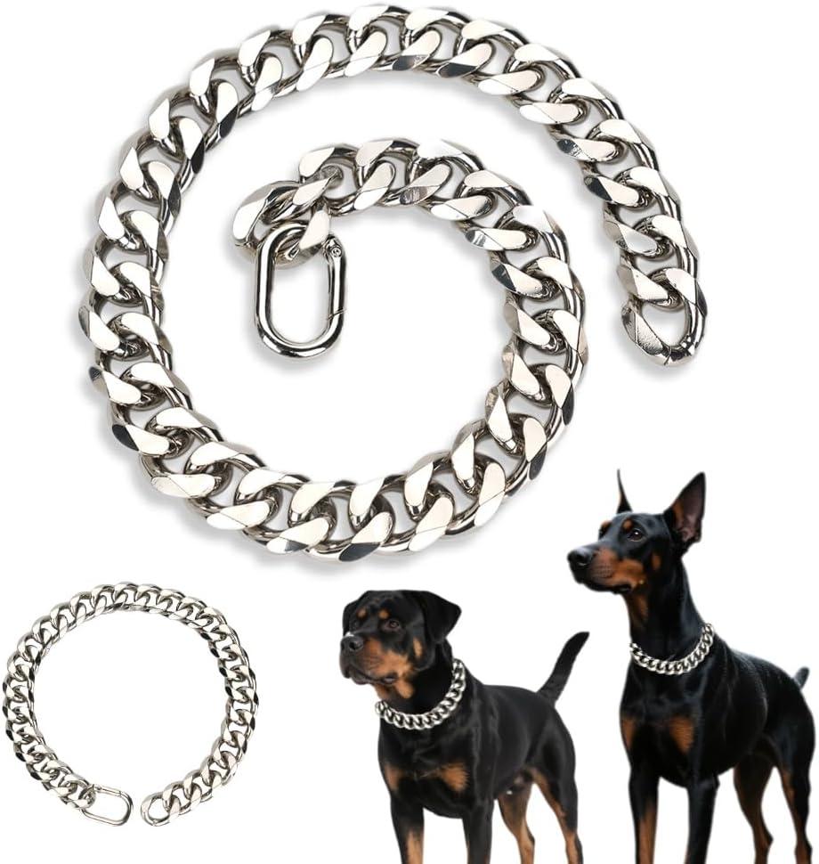 Silver Dog Collar Cuban Link Dog Chain Collar Durable Metal with Buckle Fixed Length Thick Pet Necklace for Small Medium Dogs (19MM, 16 Inch)