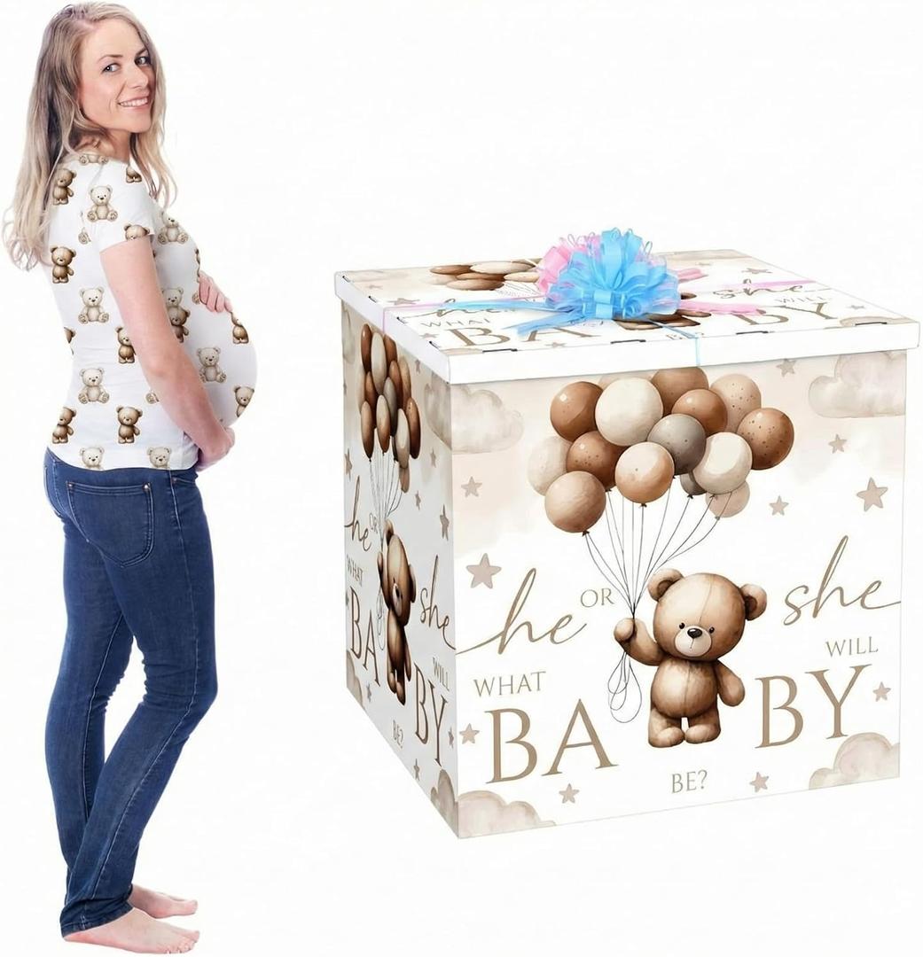 AmazingSpark 28in Giant Gender Reveal Gift Box with Lid Kit Oversized Gender Reveal Balloon Box Large Pull Bows for Baby Shower Birthday Party Decor(Neutral Bear), 1 Count