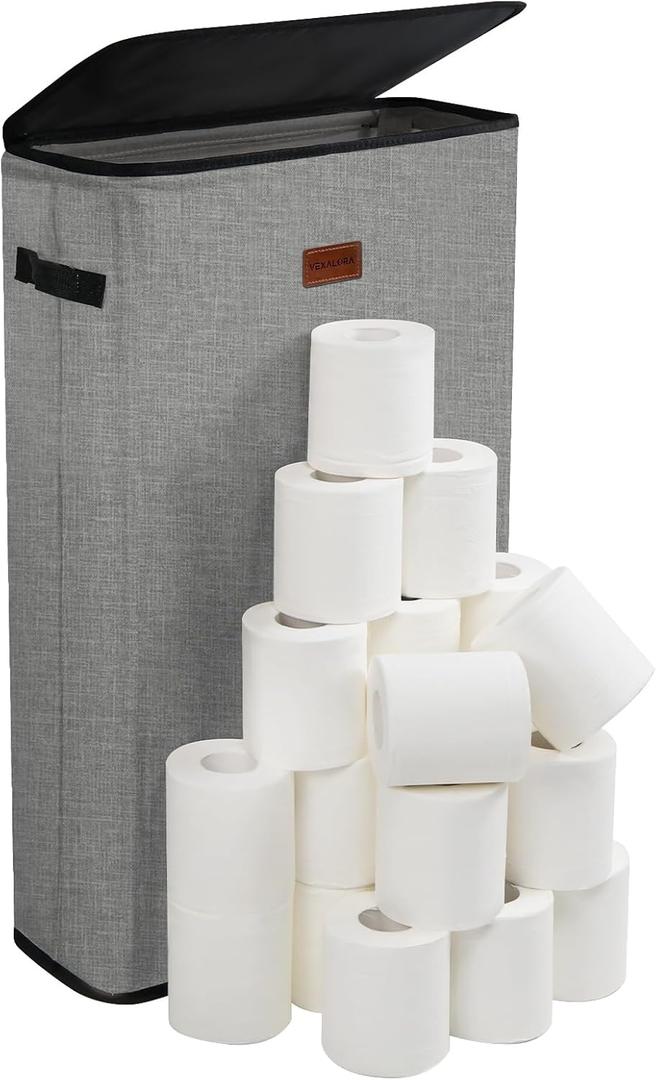 Toilet Paper Storage, 15-24 Rolls Extra Toilet Paper Organizer with Lid, Slim Bathroom Storage for Rolling Tissue, Dirty Laundry, Towels, Grey