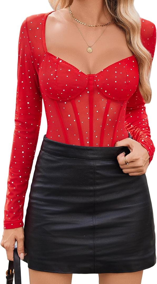 Avidlove Women Long Sleeve Bodysuit Sparkle Body Suits Top Mesh One Piece Leotard Shirt Going Out Tops Fall Outfits S-XXL (Red, L)