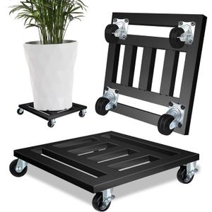 Heavy Duty Plant Caddy with Wheels, 2 Pack Metal Rolling Plant Stand Indoor Outdoor, 12'' Square Plant Dolly with Lockable Caster Wheels Holds up 400 Lbs Planter, Black