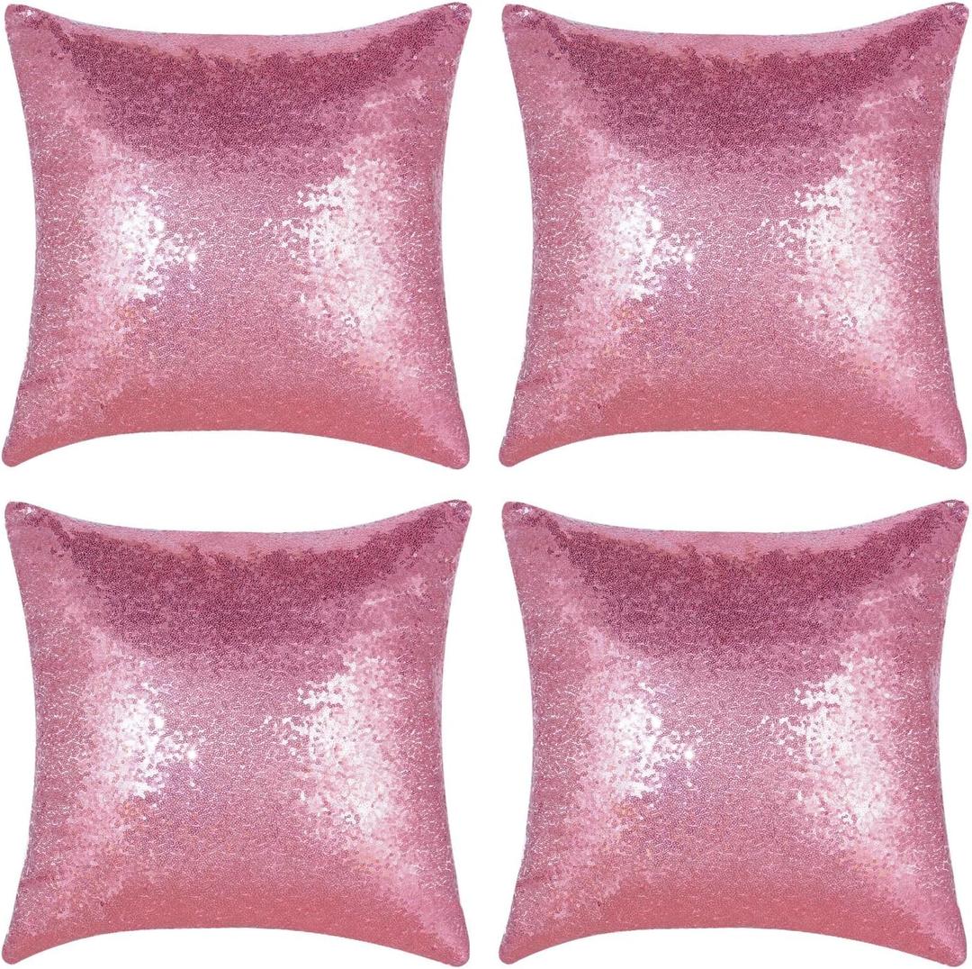 Pink Sequin Pillow Covers Square Glitter Pillow Cases Decorative Sparkling Throw Pillow Covers Cushion Case for Bed Sofa Bedroom Living Room Valentine's Day Wedding Home Decor (18"x18",4 Pack)