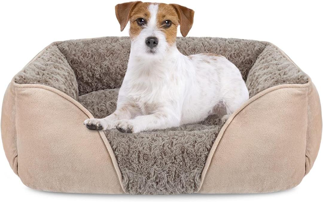 INVENHO Medium Dog Bed for Large, Small Dogs - Rectangle, Washable, Orthopedic, Soft, Calming, Durable Pet Cuddler with Anti-Slip Bottom (M: 25"x21"x8") (Beige)