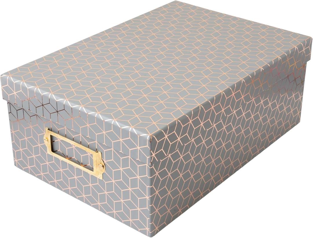 American Crafts Photo Keepsake Box with Lid, Gray Geo with Rose Gold Foil, 11x7.4x4.3, Decorative Photo Storage & Memory Box