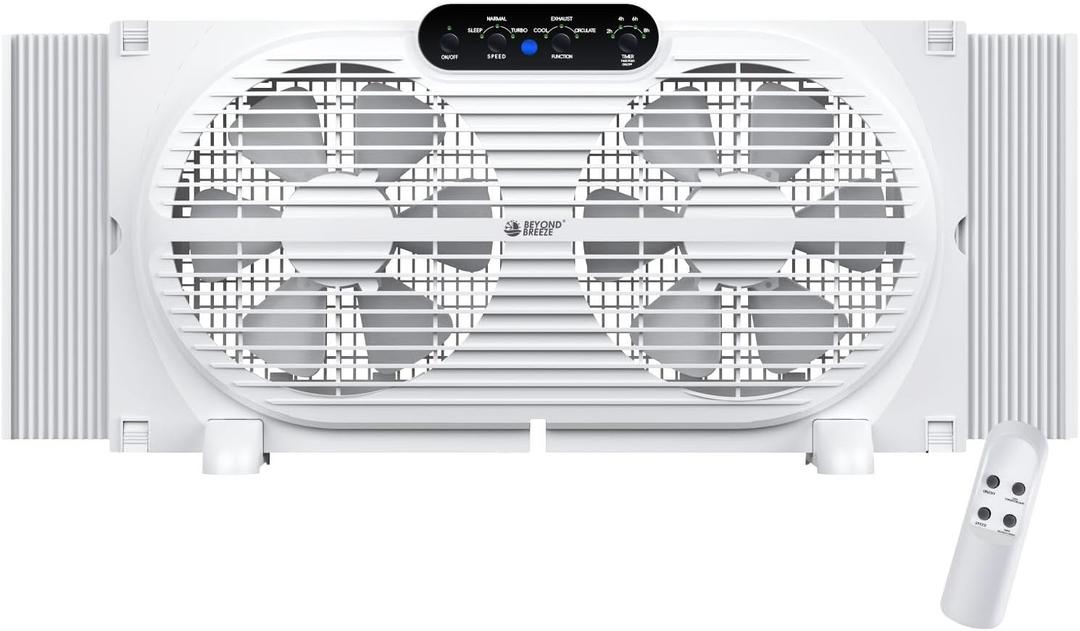 BEYOND BREEZE Twin Window Fan with Reversible Airflow and Intruder Alarm, 9-Inch Window Fan with Remote Control and 3 Speeds, Expandable Window Exchaust Fans for Home Bedroom