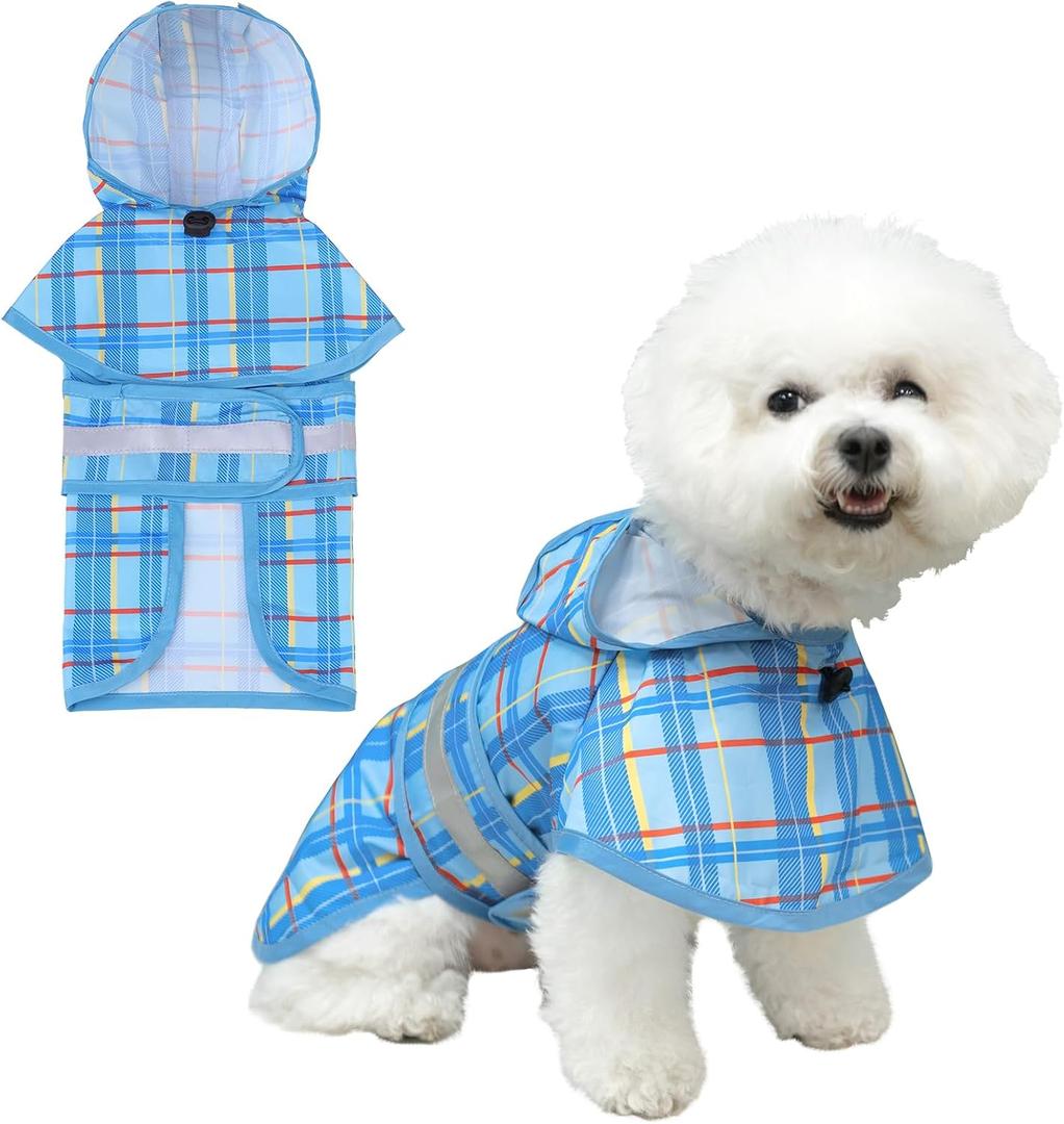 KOOLTAIL Dog Raincoat Hooded Slicker Poncho with Leash Hole, Raincoat for Small Medium Dogs, Waterproof Doggie Rain Jacket with Reflective Strip, Adjustable Breathable Plaid Puppy Rainwear-Blue (Small (Pack of 1))