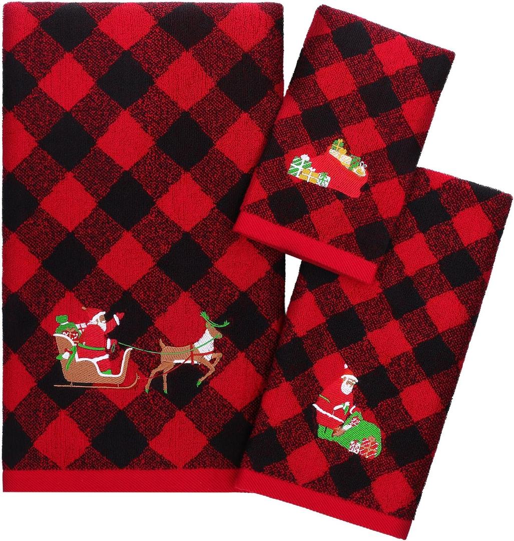 Shojoy 3 Pack Christmas Towels Set - 100% Cotton Large Size Christmas Theme Embroidery Bath, Hand & Facial Towels for Home Bathroom & Kitchen (Red and Black Plaid, 3 Sizes)
