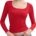 PUMIEY Women's Long Sleeve T Shirts Scoop Neck Slim Fit Going Out Tops Double Lined Basic Tee Smoke Cloud Collection ,Size M