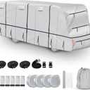 420D Top Class C RV Cover Fits 29'-32' Waterproof Rip-Resistant Anti-UV Motorhome Camper Cover for Winter Snow with Jack Cover 4 Tire Covers and Gutter Covers