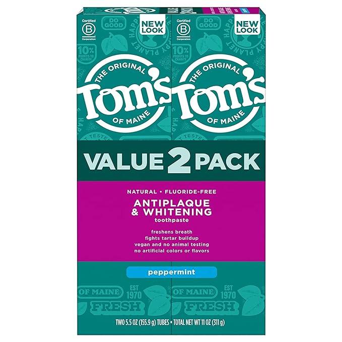 Tom's of Maine FluorideFree Antiplaque & Whitening Natural Toothpaste, Peppermint, 5.5 oz. (Pack of 2)
