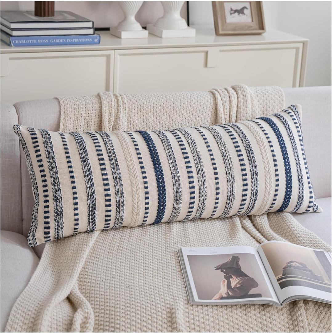 Cethom Navy Blue Boho Lumbar Pillow Covers 14x36 Long, Stripe Textured Decorative Couch Pillow Cases for Bed, Sofa, Living Room, Bedroom, Farmhouse Home Accent Cushion Covers, Pack of 1