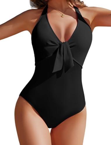 AI'MAGE Women's One Piece Swimsuits Halter Bathing Suits Push Up Swim Suits Slimming Tummy Control Swimwear (Black, Medium)