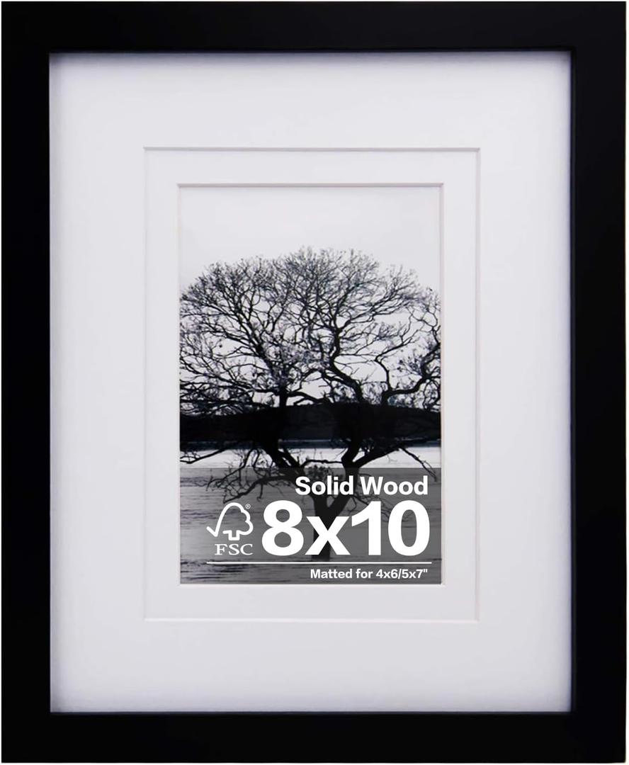 Egofine 8x10 Picture Frame Made of Solid Wood Covered by Plexiglass, for Pictures 4x6 or 5x7 with Mat or 8x10 Without Mat, Table Top Display and Wall Display Photo Frame, Black
