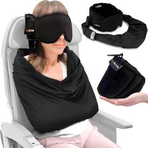 3-in-1 Airplane Sleep Support System - Integrated Plane Sleeping Accessories with Memory Foam Long Haul Flight Pillow, Adjustable Travel Eye Mask, and Blanket-Like Body Sling - Fits in Carry On