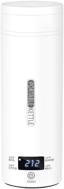 Portable Kettle Electric Travel Water Boiler, 500ml, White, 304 Stainless Steel, Digital Display, 4 Temperature Settings 45-100C, for Coffee, Tea, Lemonade