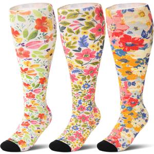 LEVSOX Plus Size Compression Socks for Women Men Wide Calf Extra Large 15-20 mmHg Knee High Sock for Nurses Pregnant Travel (3 Pairs/Floral Patterns)