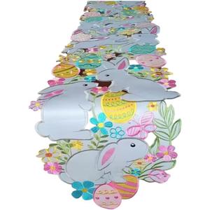 Easter Embroidered Table Runner 70 inches Long with Flowers, Bunny, Eggs, Butterfly Designs, Spring Dining Decoration (14''x70'')