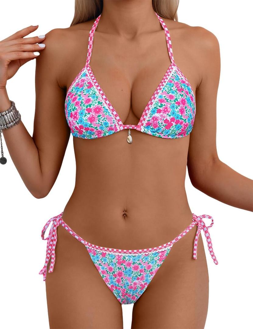 Tainehs Women's Sexy Halter Bikini Set Triangle Top String Swimwear Two Piece Swimsuits Cheeky Bathing Suit (Pink Tiny Flower) S