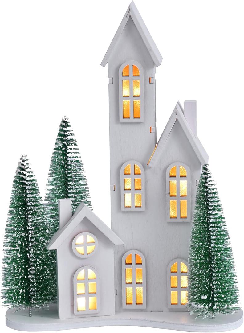 White Christmas Village Set with LED, Wooden Xmas Tabletop Decor, Mini Winter Town Display, Christmas Table Centerpieces for Indoor Decoration, for Mantel Desktop Shelf Fireplace (Style C)