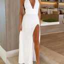 Womens Sexy Halter Deep V Neck High Side Split Long Maxi Dress (White), M