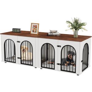 71 Inch Double Wooden Dog Crate Furniture with Divider TV Stand for 2 Dogs | Removable divider, soft cushion mat, dual dog indoor kennel, multi-use living room furniture,White Brown