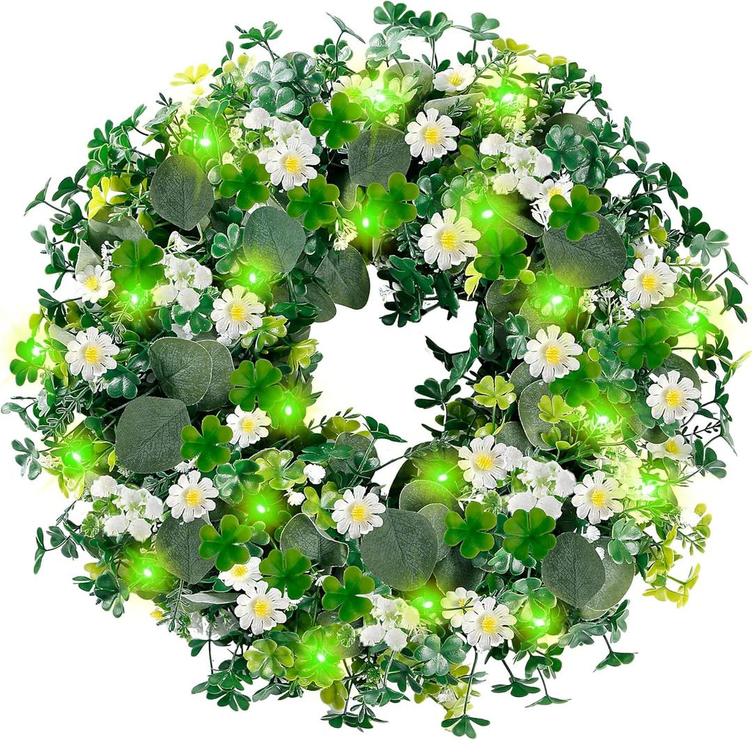 Sggvecsy 18 St. Patrick's Day Shamrocks Wreath for Front Door with Daisy Eucalyptus Leaves 30 Green Lights Artificial Greenery Clover Wreath for Irish St. Patrick's Day Decoration Wall Home Decor