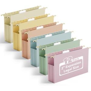 Ansook Extra Capacity Hanging File Folders Legal Size,12 Pack Pastel Colors File Cabniet Folder,Heavy Duty 2" Expansion Hang Folders,Plastic Hanging File Organizer for Office Home File Frame Box