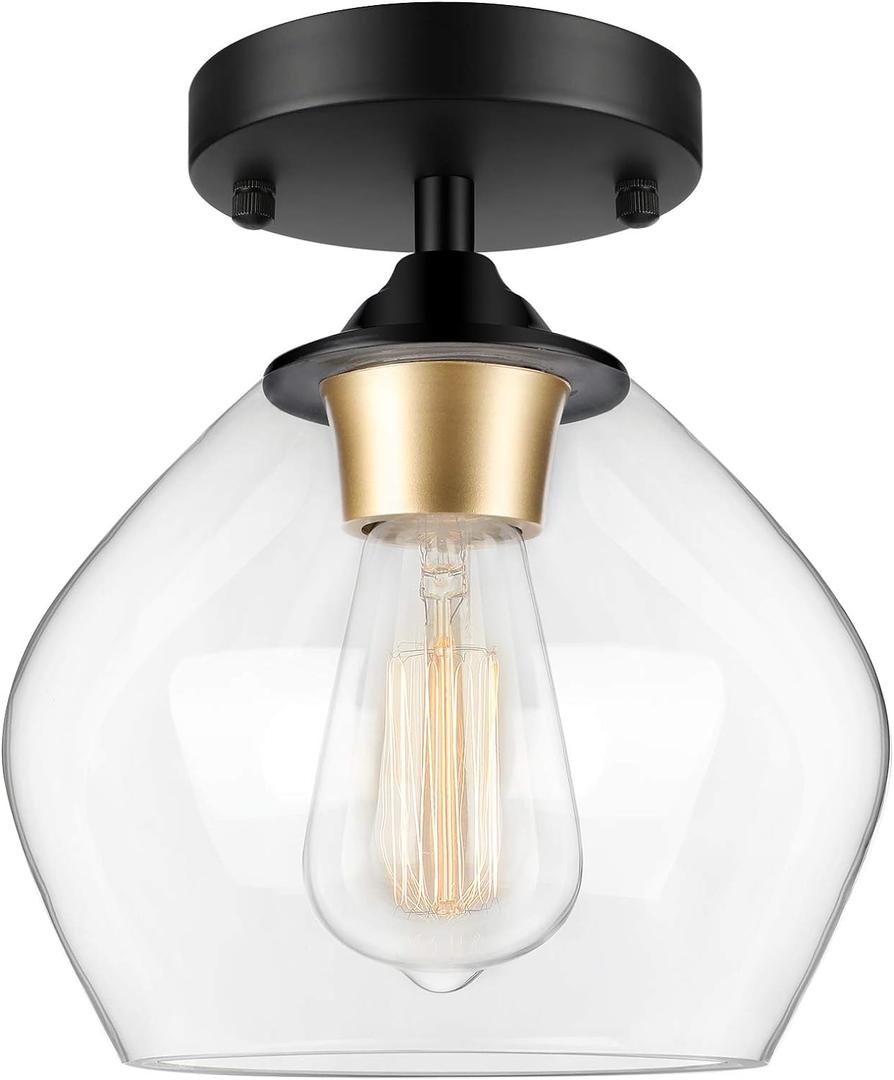 Modern Semi Flush Mount Ceiling Light with Clear Glass Shade, Industrial Close to Ceiling Light, Black Hanging Ceiling Light Fixture for Hallway, Bedroom, Dining Room, Entryway, Foyer