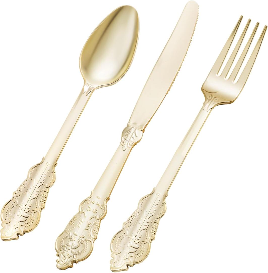 Bestluck 150PCS Gold Plastic Silverware for 50 Guests, Heavy Duty Gold Disposable Utensils Sets, Includes 50 Forks, 50 Spoons, 50 Knives, Elegant Cutlery Perfect for Wedding, Party