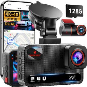TERUNSOUl 4K+4K Dash Cam Front and Rear, Free 128GB Card Included, 5.8GHz WiFi Dash Camera for Cars, Built-in GPS, G-Sensor, 170°Wide Angle, 3" IPS Screen, 24H Parking Mode, Support 512GB Max