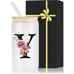 Wulcea Monogrammed Glass Drinking Cup With Lid Straw Women Men Teacher Female Male Best New Appreciation Thank you Favorite Good Goodbye Retirement Friends Social Student Bestie Gifts,Y