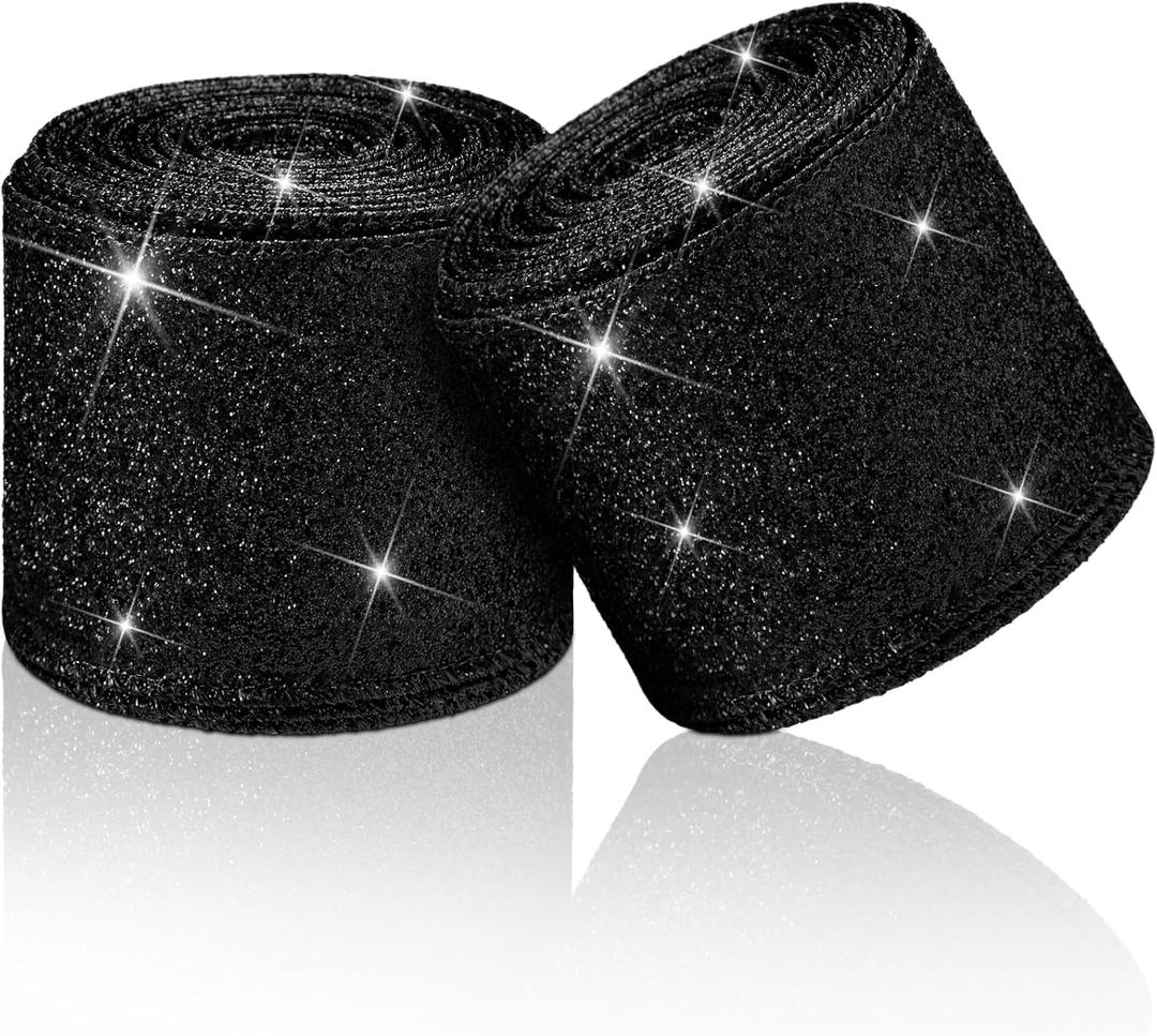 Cindeer 2 Rolls Christmas Glitter Wired Edge Ribbon Wired Fabric Ribbons for Gifts Wrapping Garland Card Craft Wreath Holiday Party Home(2.5 Inch X 20 Yard in Total,Black)