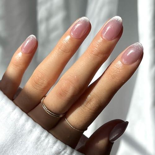 Glamnetic Press On Nails - Fairy Dust | Short Oval Beige-Pink Nails with a Mesmerizing Metallic Finish, Salon Quality | 15 Sizes - 30 Nail Kit with Glue