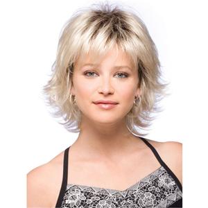 Short Golden Wavy Wigs Human Hair Mixed Synthetic for Women, Layered Fluffy Curly Wig, Breathable, Heat Resistant, Lightweight for Daily, Party, Cosplay Use