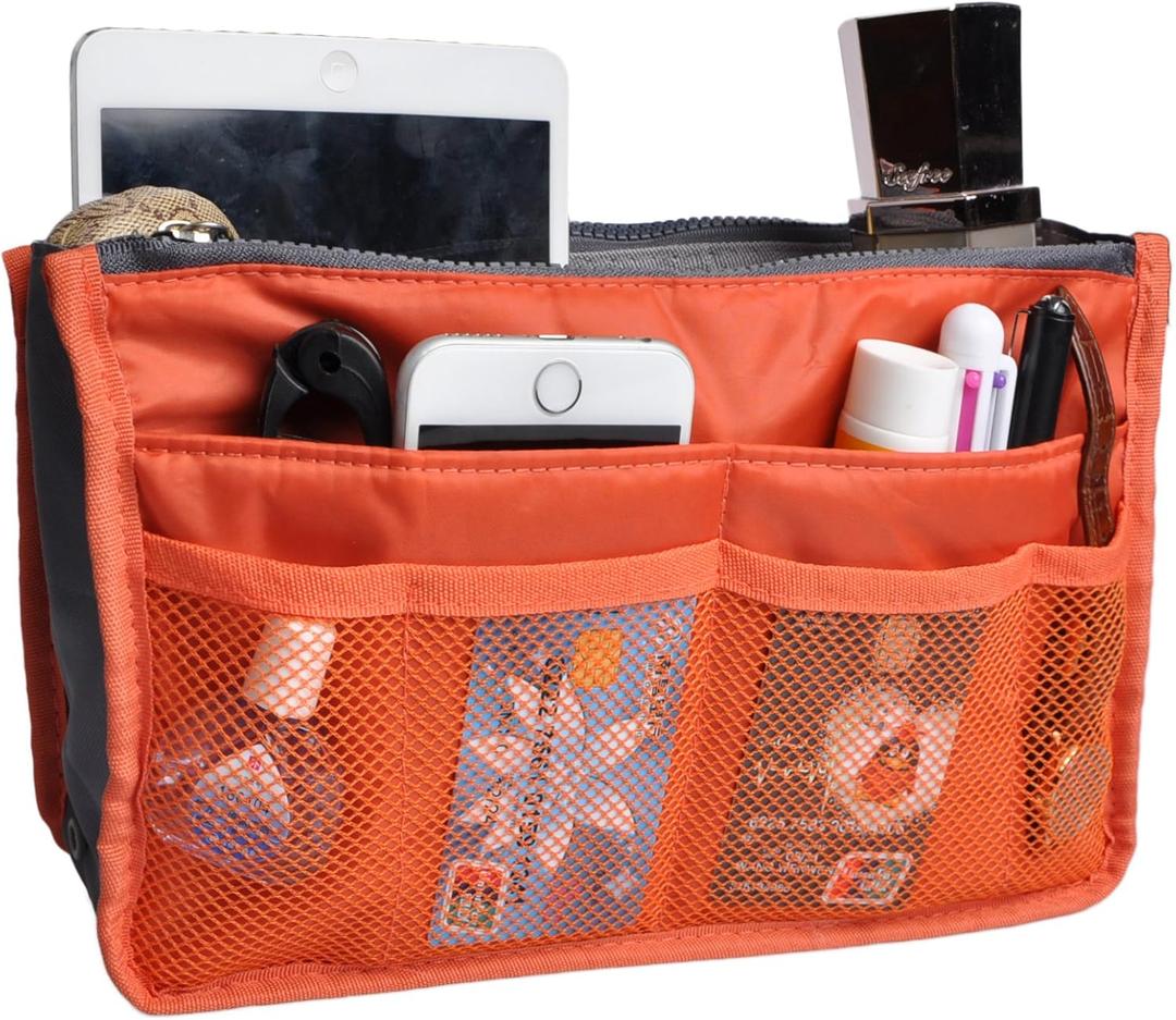 Vercord Purse Organizer Insert for Handbags Bag Organizers Inside Tote Pocketbook Women Nurse Nylon 13 Pockets Orange Medium